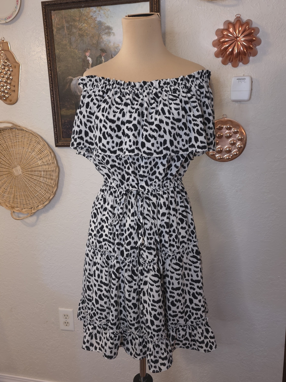 Oddi Black & White Leopard Print Off-Shoulder Tiered Dress Coastal Cowgirl Boho